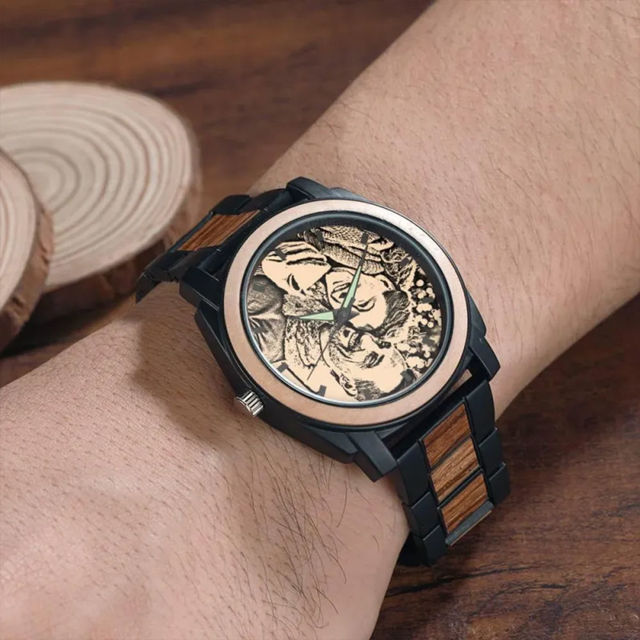 Picture of Custom Engraved Wood Photo Watch - Christmas Gift for Him