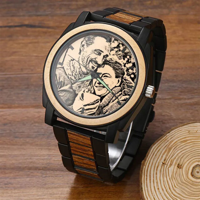 Picture of Custom Engraved Wood Photo Watch - Christmas Gift for Him