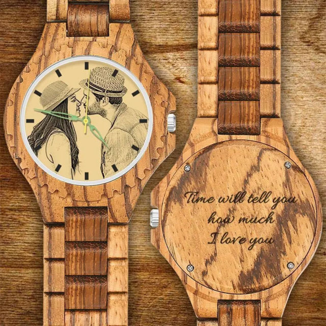 Picture of Personalized Watch - Personalized Engraved Wood Photo Watch - Gift for Him