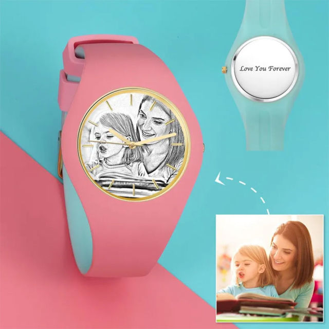 Picture of Personalized Watches - Unisex Silicone Engraved Photo Watch with Contrasting Colors - Unisex Engraved Sketch Watch for Loved One
