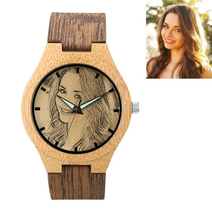 Picture of Personalized Watch - Unisex Carved Bamboo Photo Watches with Wood Grain Leather Strap