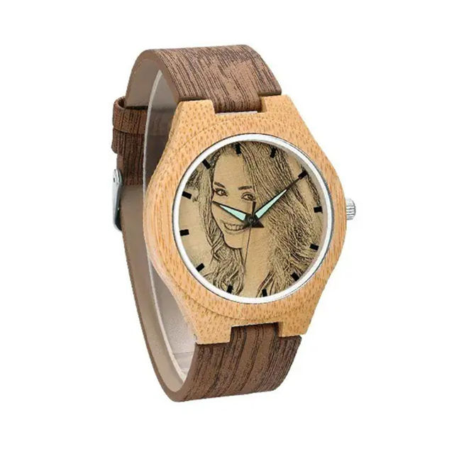 Picture of Personalized Watch - Unisex Carved Bamboo Photo Watches with Wood Grain Leather Strap