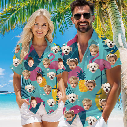 Picture of Custom Face Hawaiian Shirt for Family - Custom Hawaiian Shirt with Pink Flamingo Pattern - Best Summer Hawaiian Shirt for Family Members
