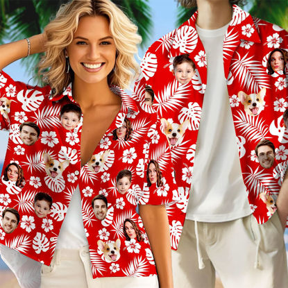 Picture of Custom Face Hawaiian Shirt for Family - Custom Hawaiian Shirt with Red Background - Best Summer Holiday Gifts for Family Members