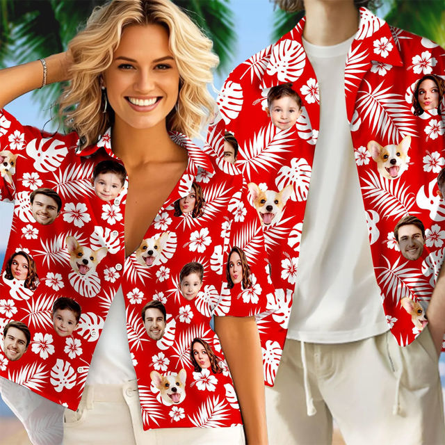 Picture of Custom Face Hawaiian Shirt for Family - Custom Hawaiian Shirt with Red Background - Best Summer Holiday Gifts for Family Members