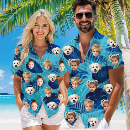 Picture of Custom Face Hawaiian Shirt for Family - Custom Hawaiian Shirt with Tropical Blue Leaf Pattern - Best Summer Hawaiian Shirt for Family Members
