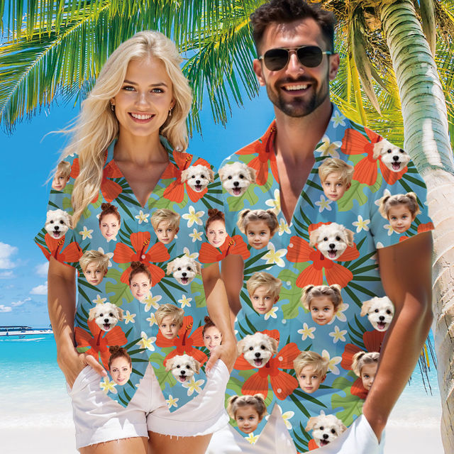 Picture of Custom Face Hawaiian Shirt for Family - Custom Hawaiian Shirt with Tropical Orange Flower Pattern - Best Summer Hawaiian Shirt for Family Members