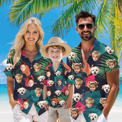 Picture of Custom Face Hawaiian Shirt for Family - Custom Hawaiian Shirt with Tropical Red Flower Pattern - Best Summer Hawaiian Shirt for Family Members