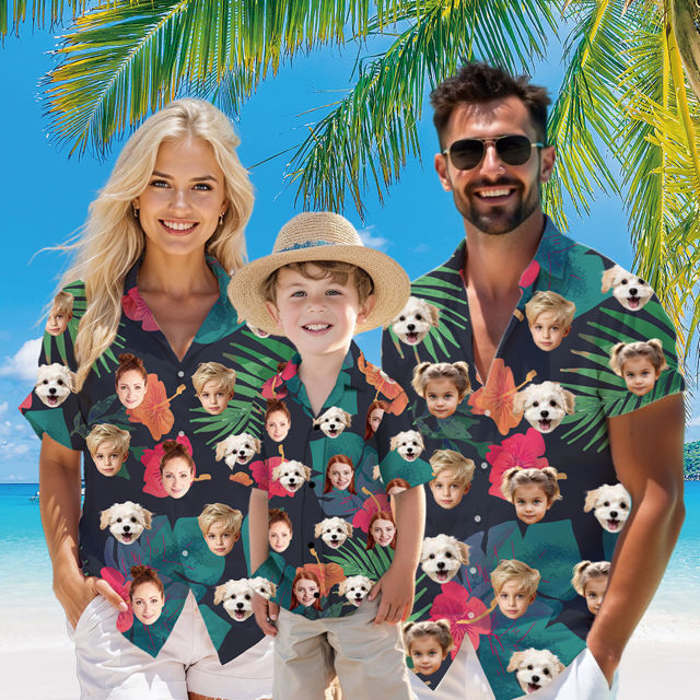 Picture of Custom Face Hawaiian Shirt for Family - Custom Hawaiian Shirt with Tropical Red Flower Pattern - Best Summer Hawaiian Shirt for Family Members