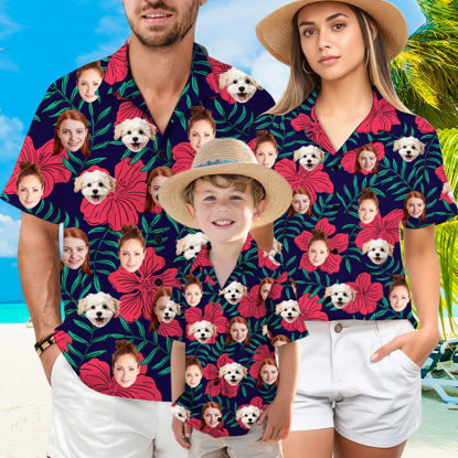 Picture of Custom Face Hawaiian Shirt for Family - Custom Hawaiian Shirt with Tropical Red Flower Pattern - Best Summer Holiday Gifts for Family Members