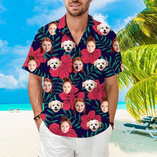 Picture of Custom Face Hawaiian Shirt for Family - Custom Hawaiian Shirt with Tropical Red Flower Pattern - Best Summer Holiday Gifts for Family Members
