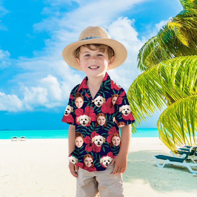 Picture of Custom Face Hawaiian Shirt for Family - Custom Hawaiian Shirt with Tropical Red Flower Pattern - Best Summer Holiday Gifts for Family Members