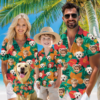 Picture of Custom Face Hawaiian Shirt for Family and Pets - Bright Tropical Flowers Pattern - Best Summer Hawaiian Shirt for Family Members