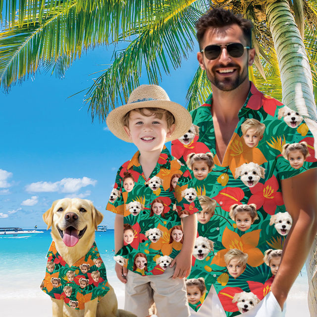 Picture of Custom Face Hawaiian Shirt for Family and Pets - Bright Tropical Flowers Pattern - Best Summer Hawaiian Shirt for Family Members