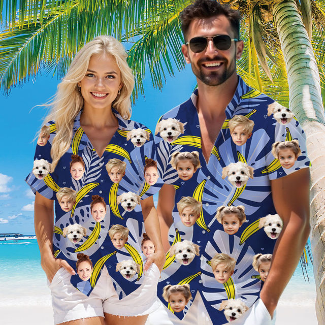Picture of Custom Face Hawaiian Shirt for Family and Pets - Custom Hawaiian Shirt - Purple Ground with Banana Pattern - Best Summer Hawaiian Shirt for Family Members