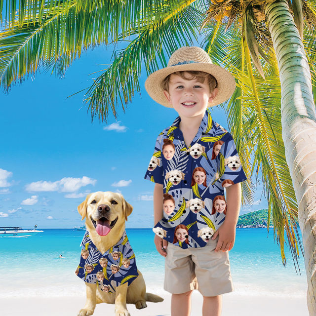Picture of Custom Face Hawaiian Shirt for Family and Pets - Custom Hawaiian Shirt - Purple Ground with Banana Pattern - Best Summer Hawaiian Shirt for Family Members
