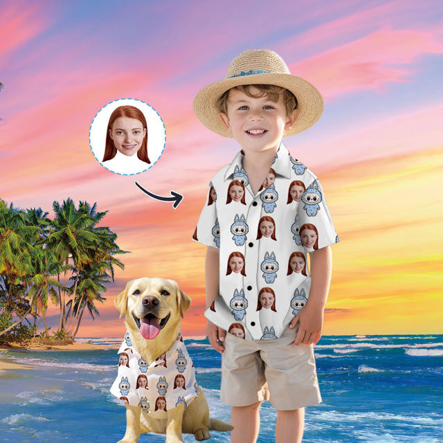 Picture of Custom Face Hawaiian Shirt for Family and Pets - Custom Hawaiian Shirt for Man, Women and Kids - Popular Cartoon Elements - Best Summer Hawaiian Shirt for Family Members