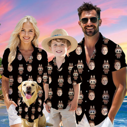 Picture of Custom Face Hawaiian Shirt for Family and Pets - Custom Hawaiian Shirt for Man, Women and Kids - Popular Cartoon Elements - Black Background - Best Summer Hawaiian Shirt for Family Members