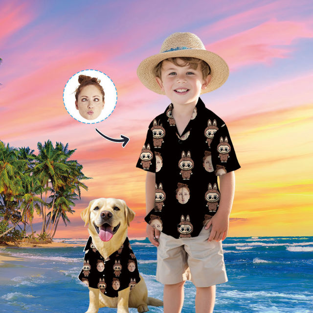 Picture of Custom Face Hawaiian Shirt for Family and Pets - Custom Hawaiian Shirt for Man, Women and Kids - Popular Cartoon Elements - Black Background - Best Summer Hawaiian Shirt for Family Members