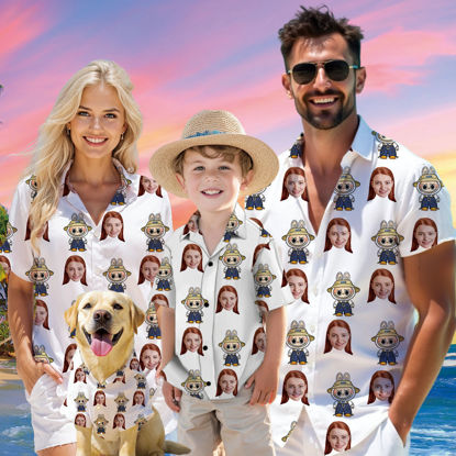 Picture of Custom Face Hawaiian Shirt for Family and Pets - Custom Hawaiian Shirt for Man, Women and Kids - Popular Cartoon Elements - Blue and White Background - Best Summer Hawaiian Shirt for Family Members