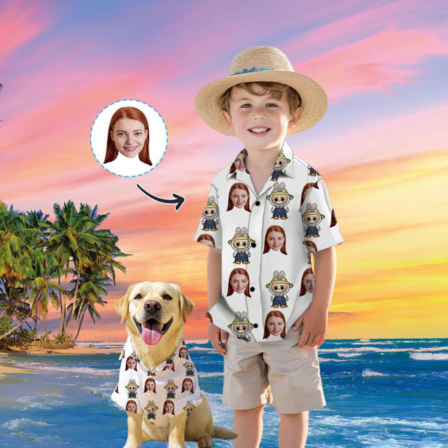 Picture of Custom Face Hawaiian Shirt for Family and Pets - Custom Hawaiian Shirt for Man, Women and Kids - Popular Cartoon Elements - Blue and White Background - Best Summer Hawaiian Shirt for Family Members