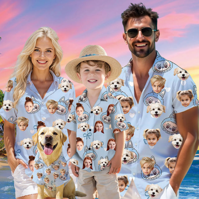 Picture of Custom Face Hawaiian Shirt for Family and Pets - Custom Hawaiian Shirt for Man, Women and Kids - Popular Cartoon Elements - Blue Background - Best Summer Hawaiian Shirt for Family Members