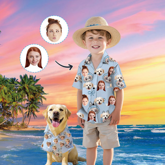 Picture of Custom Face Hawaiian Shirt for Family and Pets - Custom Hawaiian Shirt for Man, Women and Kids - Popular Cartoon Elements - Blue Background - Best Summer Hawaiian Shirt for Family Members
