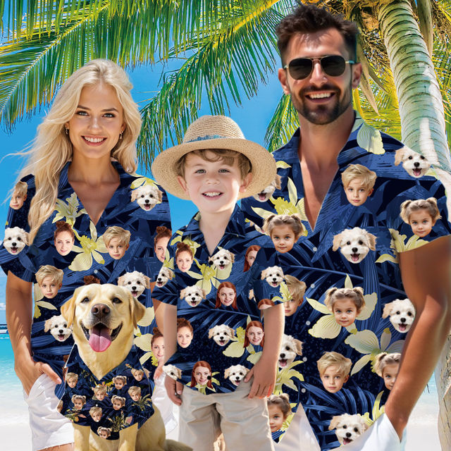 Picture of Custom Face Hawaiian Shirt for Family and Pets - Dark Blue Background with Yellow Flowers Pattern - Best Summer Hawaiian Shirt for Family Members