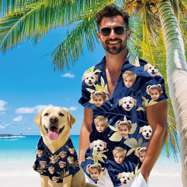 Picture of Custom Face Hawaiian Shirt for Family and Pets - Dark Blue Background with Yellow Flowers Pattern - Best Summer Hawaiian Shirt for Family Members