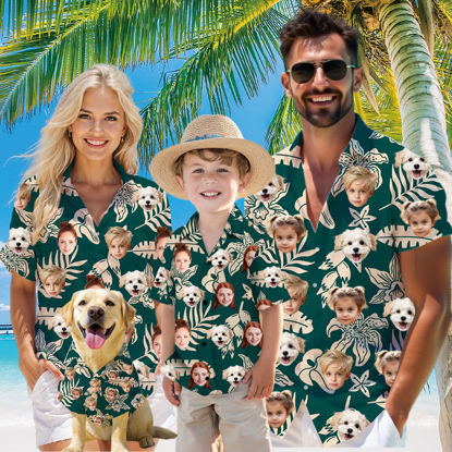 Picture of Custom Face Hawaiian Shirt for Family and Pets - Green Background with Leaves Pattern - Best Summer Hawaiian Shirt for Family Members