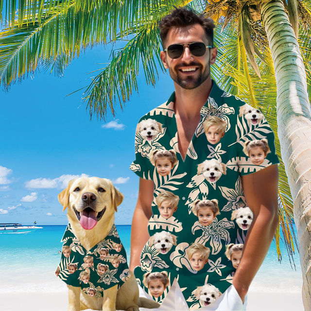 Picture of Custom Face Hawaiian Shirt for Family and Pets - Green Background with Leaves Pattern - Best Summer Hawaiian Shirt for Family Members