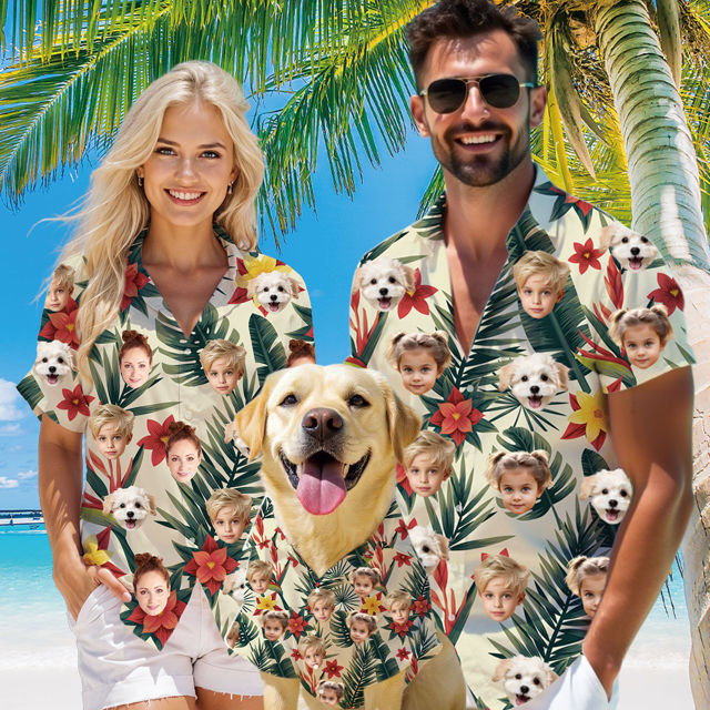Picture of Custom Face Hawaiian Shirt for Family and Pets - Light-colored Base Color with Tropical Flower Pattern - Best Summer Hawaiian Shirt for Family Members