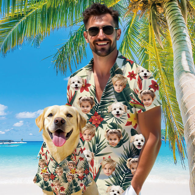 Picture of Custom Face Hawaiian Shirt for Family and Pets - Light-colored Base Color with Tropical Flower Pattern - Best Summer Hawaiian Shirt for Family Members