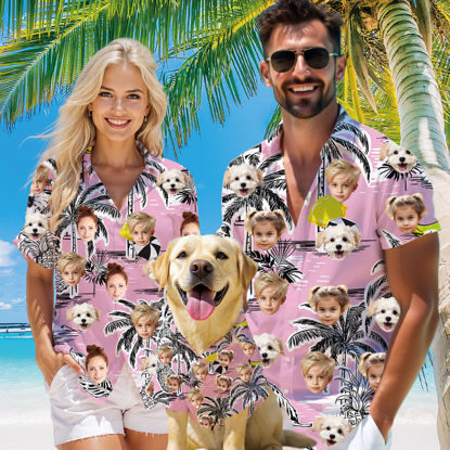 Picture of Custom Face Hawaiian Shirt for Family and Pets - Pink Ground with Coconut Tree Pattern - Best Summer Hawaiian Shirt for Family Members