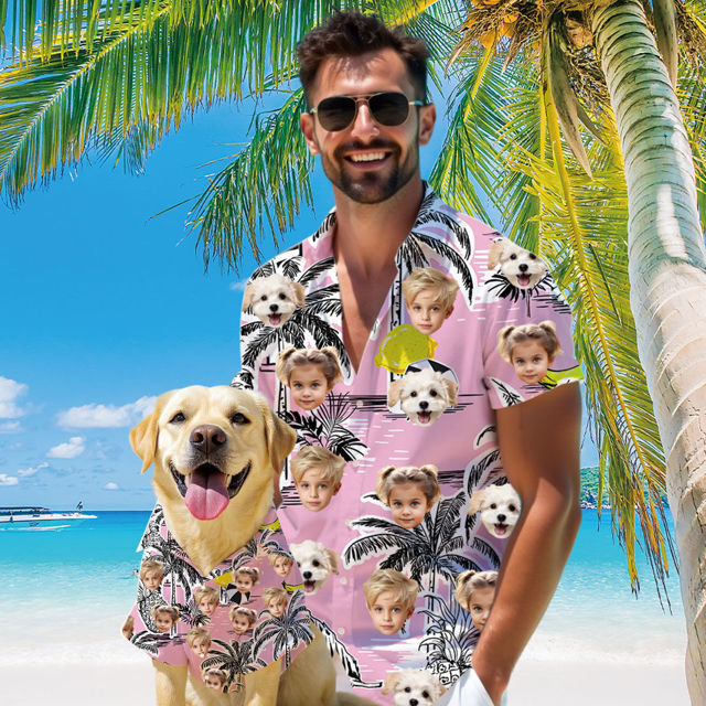 Picture of Custom Face Hawaiian Shirt for Family and Pets - Pink Ground with Coconut Tree Pattern - Best Summer Hawaiian Shirt for Family Members