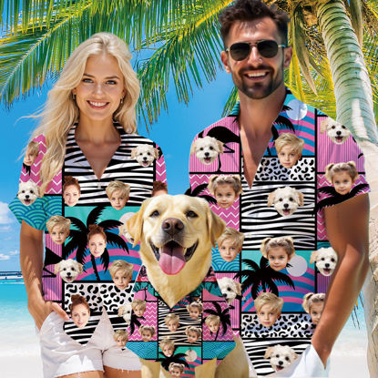 Picture of Custom Face Hawaiian Shirt for Family and Pets - Pink Thin Geometric Pattern - Best Summer Hawaiian Shirt for Family Members