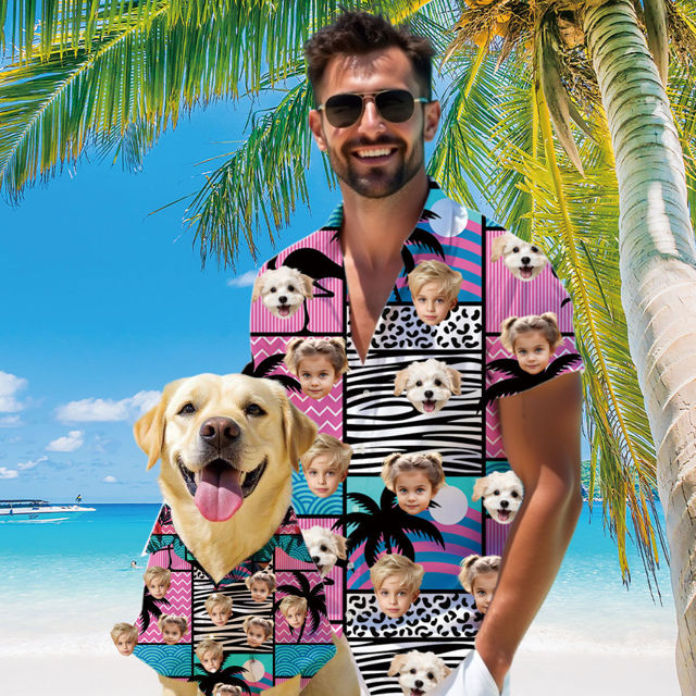 Picture of Custom Face Hawaiian Shirt for Family and Pets - Pink Thin Geometric Pattern - Best Summer Hawaiian Shirt for Family Members