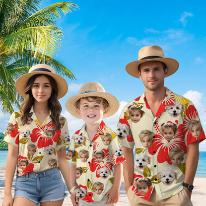 Picture of Custom Face Hawaiian Shirt for Family - Custom Hawaiian Shirt for Men, Women and Kids - Big Red Flowers Pattern - Beach Party and Summer Vacation Gift for Family Members