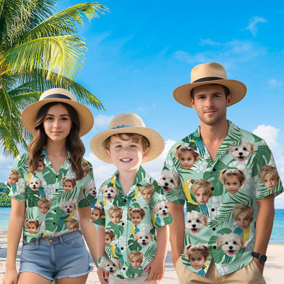 Picture of Custom Face Hawaiian Shirt for Family - Custom Hawaiian Shirt for Men, Women and Kids - Green Pattern - Beach Party and Summer Vacation Gift for Family Members