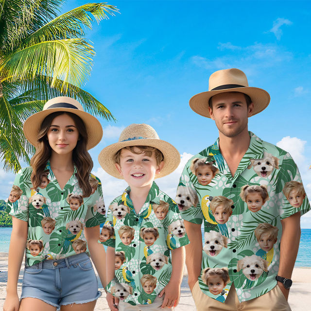 Picture of Custom Face Hawaiian Shirt for Family - Custom Hawaiian Shirt for Men, Women and Kids - Green Pattern - Beach Party and Summer Vacation Gift for Family Members