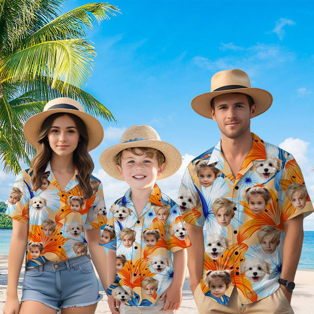 Picture of Custom Face Hawaiian Shirt for Family - Custom Hawaiian Shirt for Men, Women and Kids - Large Orange Flowers Pattern - Beach Party and Summer Vacation Gift for Family Members
