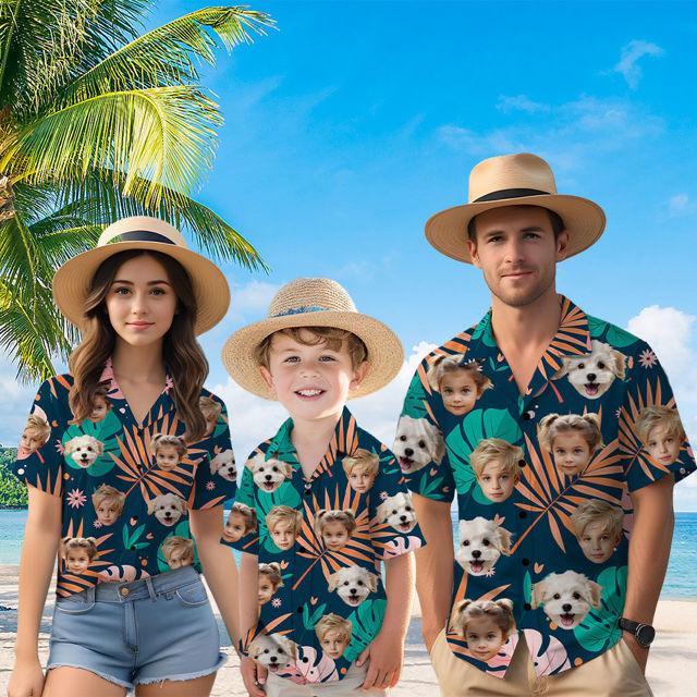 Picture of Custom Face Hawaiian Shirt for Family - Custom Hawaiian Shirt for Men, Women and Kids - Large Orange Leaves Pattern - Beach Party and Summer Vacation Gift for Family Members