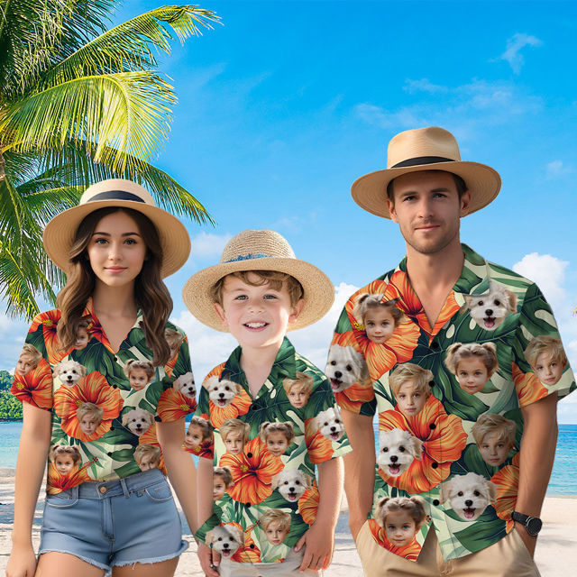 Picture of Custom Face Hawaiian Shirt for Family - Custom Hawaiian Shirt for Men, Women and Kids - Pink Sunglasses Pattern - Beach Party and Summer vacation Gift for Family Members