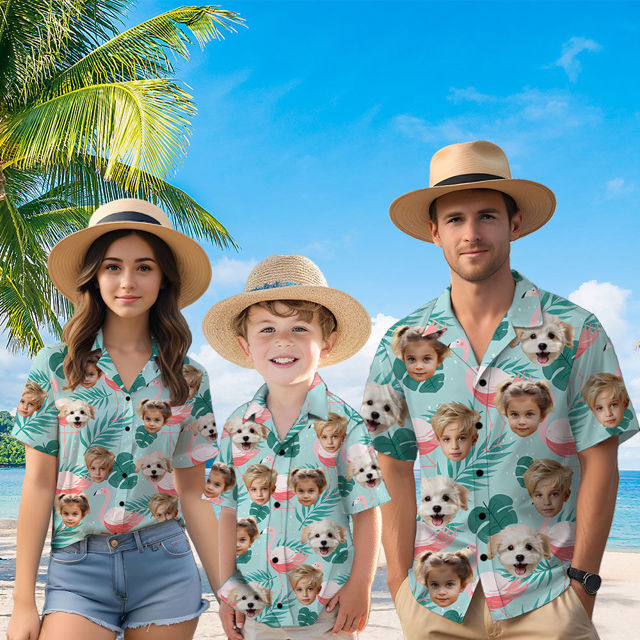 Picture of Custom Face Hawaiian Shirt for Family - Custom Hawaiian Shirt for Men, Women and Kids - Pink flamingo Pattern - Beach Party and Summer Vacation Gift for Family Members