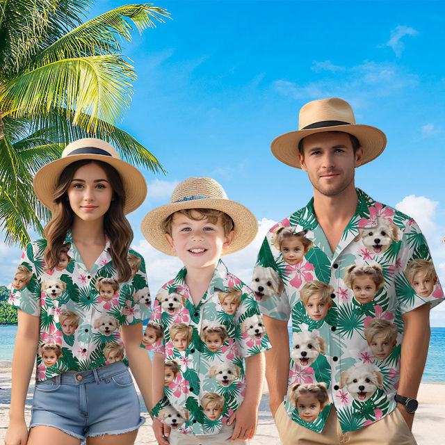 Picture of Custom Face Hawaiian Shirt for Family - Custom Hawaiian Shirt for Men, Women and Kids - Pink Flowers and Green Leaves Pattern - Beach Party and Summer Vacation Gift for Family Members