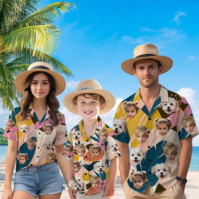 Picture of Custom Face Hawaiian Shirt for Family - Custom Hawaiian Shirt for Men, Women and Kids - Pink Sunglasses Pattern - Beach Party and Summer vacation Gift for Family Members