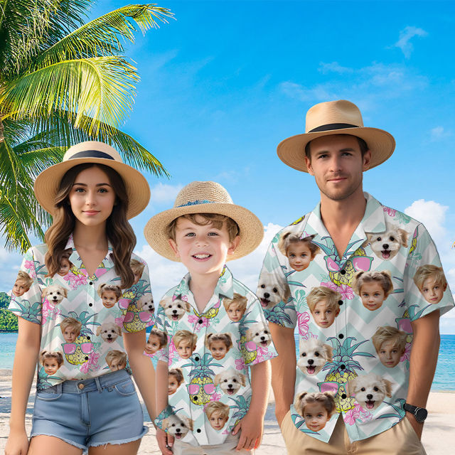Picture of Custom Face Hawaiian Shirt for Family - Custom Hawaiian Shirt for Men, Women and Kids - Pink Sunglasses Pattern - Beach Party and Summer vacation Gift for Family Members