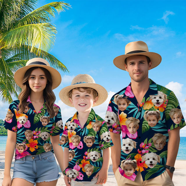 Picture of Custom Face Hawaiian Shirt for Family - Custom Hawaiian Shirt for Men, Women and Kids - Tropical Rose Red Flowers Pattern - Beach Party and Summer vacation Gift for Family Members