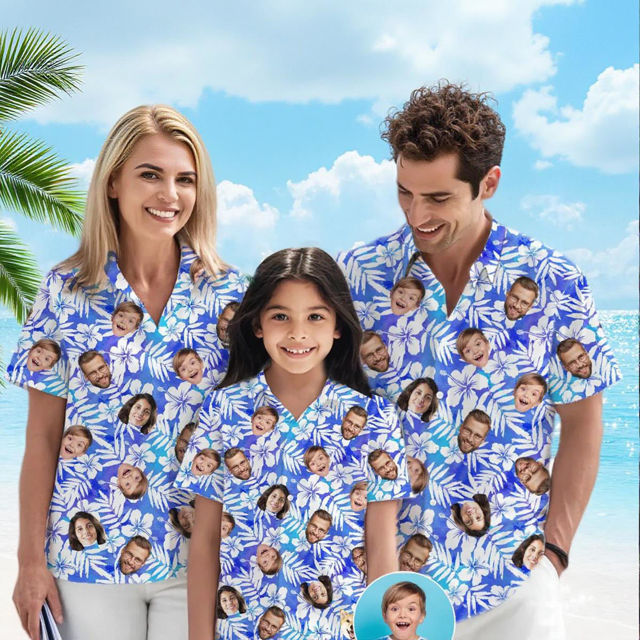 Picture of Custom Face Hawaiian Shirt for Family - Custom Hawaiian Shirt with Purple Pattern - Best Summer Holiday Gifts for Family Members