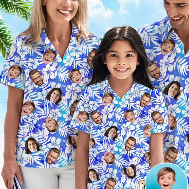 Picture of Custom Face Hawaiian Shirt for Family - Custom Hawaiian Shirt with Purple Pattern - Best Summer Holiday Gifts for Family Members